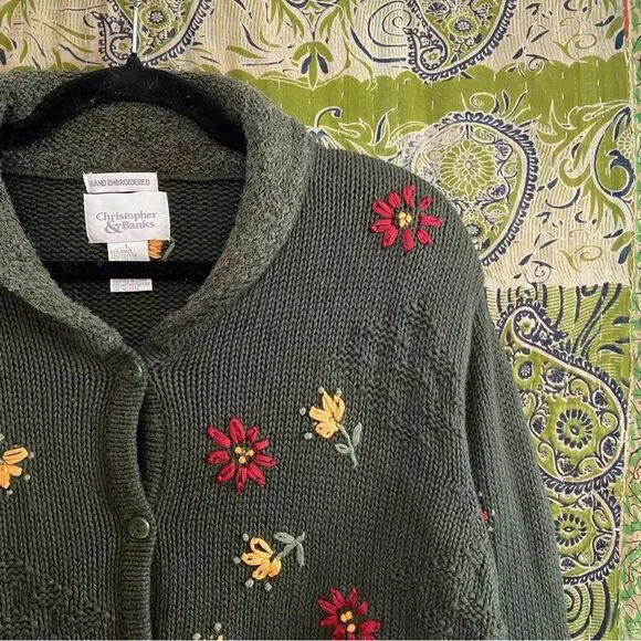 Vtg 90's Christopher & Banks Green Hand Embroidered Cottage Cardigan Size Large - Picture 3 of 14